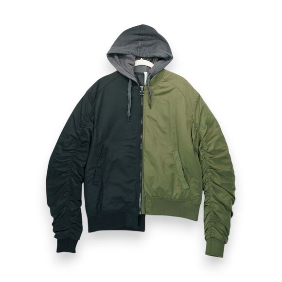 Zara Mens Bomber Jacket Black & Green Full Zip Size‎ Medium Colorblock Hooded